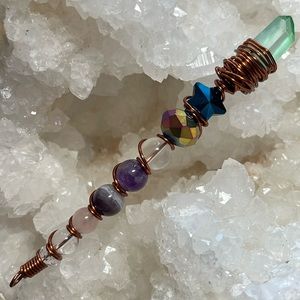 Handmade Amethyst & Quartz beaded gemstone magical wand 🪄